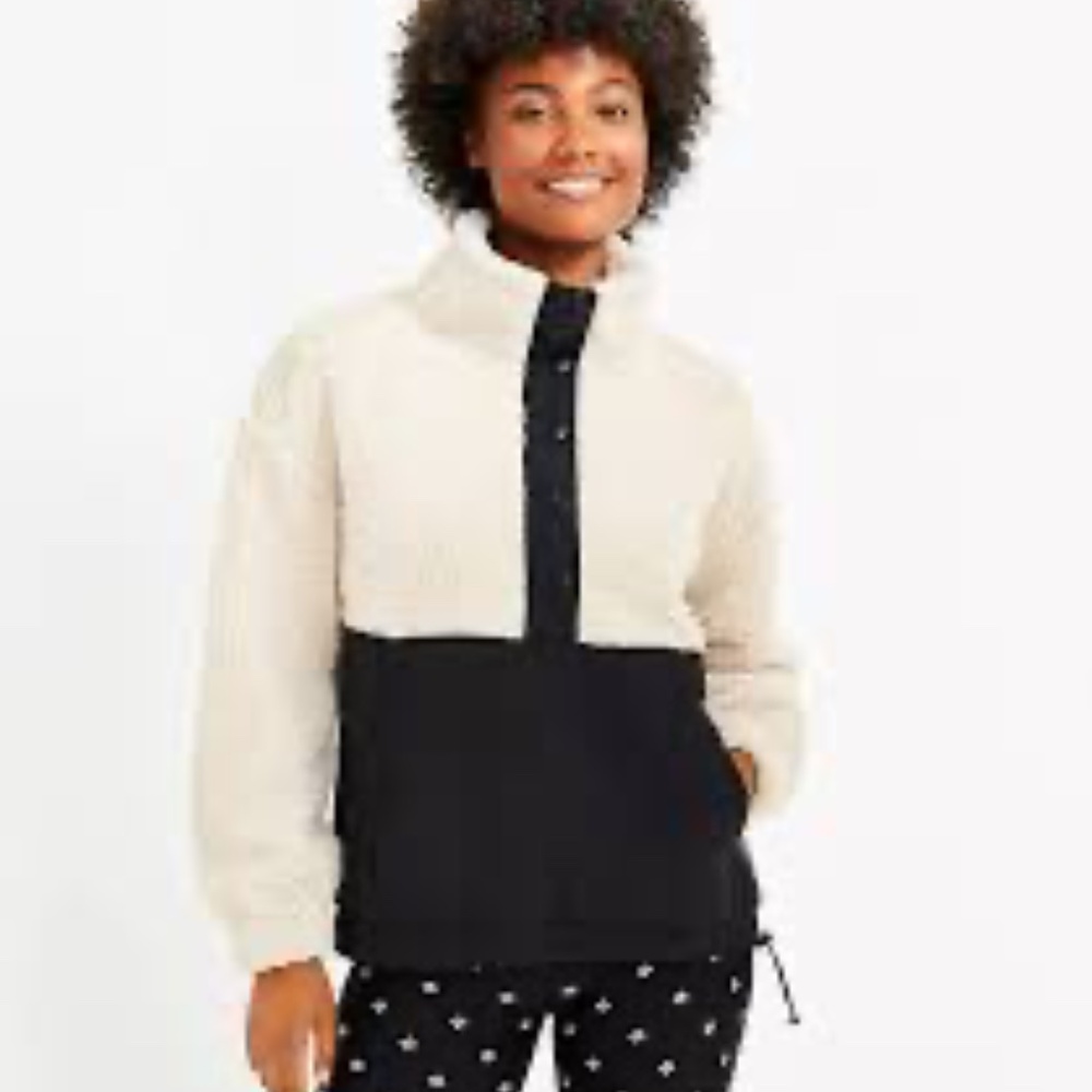 LOFT Black and Tan Teddy Quarter Button Jacket